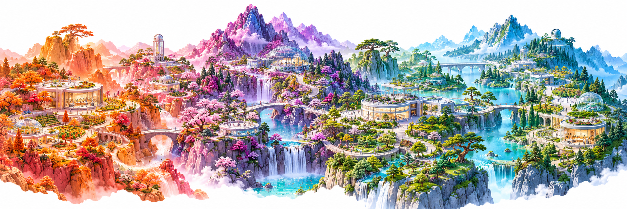 彩色山城全景:层叠山丘、缤纷建筑与蜿蜒的彩虹道路